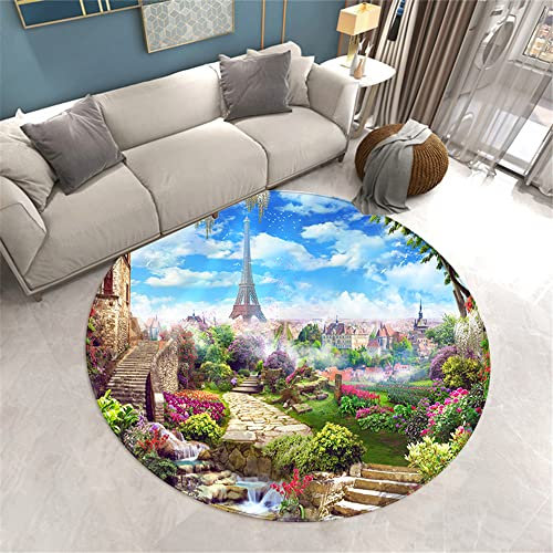 Morbuy Round Rugs for Living Room Area Rug, Large Size 3d Eiffel Tower Print Carpets Soft Short Medium Pile Rugs Anti Slip Washable Floor Mats for Bedroom Kids Room Decor (160cm/62.9 in,Blue)
