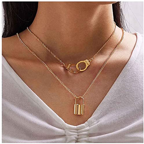 Allereya Boho Layered Schloss Halskette Gold Vorhängeschloss Anhänger Halskette Handschellen Choker Halskette Layering Kette Halskette Schmuck für Frauen und Mädchen