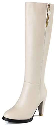 Lroey Reoly Stivali Alti da Donna con Tacco a Cono, Stivali da Vestito Tacco Alto Punta Rotonda Boots Zip Plateau 082 Beige Numero 43 EU