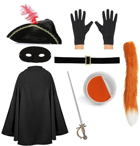 Kids Cat Bandit Costume - Black Tricorn Hat, Black Cape, Black Eye Mask, Fake Sword, Belt, Gloves, Orange Cat Tail and Orange & White Facepaint - Childs TV Movie World Book Day Fancy Dress Costume