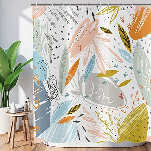 ASDCXZ Cortina de Ducha Hojas Abstractas 90x180 cm, Fresco Boho Verde Azul Amarillo Hojas Cortinas de Ducha Lavables Textil Impermeable Cortina de Ducha con 6 Ganchos