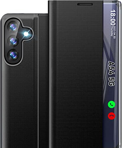 Handyhülle für Samsung Galaxy A54 Hülle Klappbar, Luxus Dünn Spiegel Flip Leder Hard PC Stoßfest Case Cover für Samsung A54 5G Hülle mit Ständer Klappbar, Clear View für Samsung Galaxy A54 5G Hülle