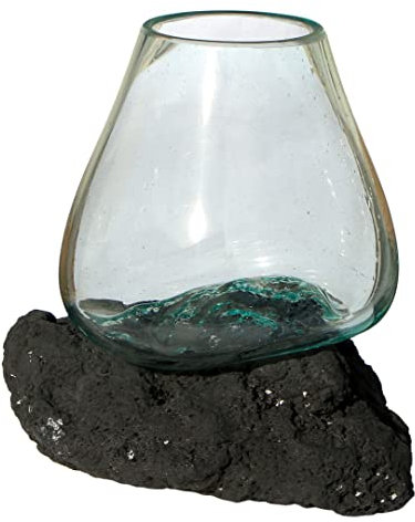Wogeka - Designer Glas-Vase Batur auf Lava-Stein als Maritime Mediterrane Deko Geschenk-Idee zu Weihnachten Geburtstag (Batur M (Ø Glas 15-16 cm))