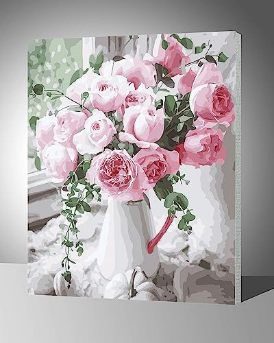 LukFun Ölgemälde Malen nach Zahlen für Erwachsene, Blumen Malen nach Zahlen auf gerahmter Leinwand, 30 x 40 cm (rosa Romantik, gerahmt)