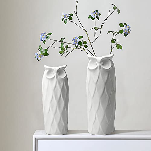 LIZOFER Keramikvasen im 2er-Set, Eulen-Motiv, für Wohnzimmer, Schlafzimmer, 24 cm und 21 cm, modern, Weiß, für Kunstblumen, Heimdekoration, Büro, Tisch, Regal, Kamin, rustikaler Retro-Bauernhaus-Stil