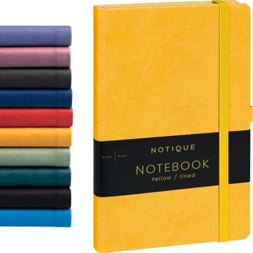 NOTIQUE Notizbuch Liniert, Hardcover Notizbuch, Notizheft, Journal, Tagebuch mit Gummiband und Stifthalter 13x21cm, 192 Seiten (Gelb, Liniert)