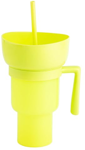 KSIEE Stadionbecher, Tasse mit Snackschale oben, Stadionbecher mit Snackschale, 2-in-1-Snackbecher mit Strohhalm für Kino, Gelb