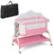 COSTWAY 4-in-1 Baby Bedside Crib, Heights Adjustable Rocking Bassinet with Mattress, Detachable Net, Storage Basket, Lockable Wheels and Travel Bag, Newborn Cradle Bed for Birth to 9kg (Pink)