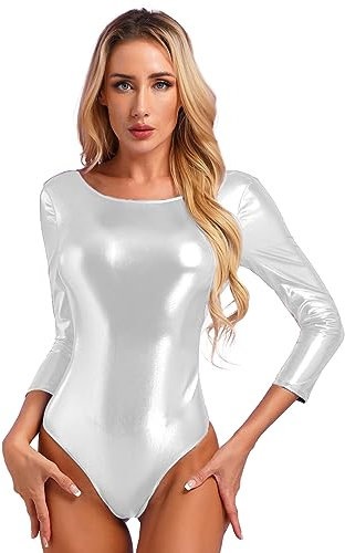 inlzdz Damen Metallic Body Bodysuit Rückenfrei Stringbody Trikot Leotard Skinny Ballettbody Sportbody Pole Dance Badebekleidung Silber XXL