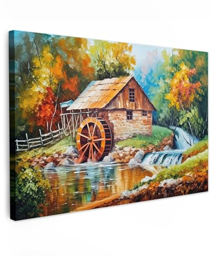 MuchoWow© Leinwandbild Groß 120x80 cm XXL Dekoration Wohnzimmer Bilder Aufhängen Wall Decoration Living Room Wohnungs Deko Moderne Kunstdruck - Bunt - Landschaft - Malerei - Haus - Kunst - Herbst