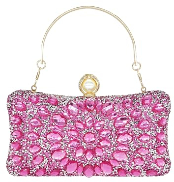 MAIRLOM Pochette da donna con strass, da sera, matrimonio, formale, con chiusura a perla, borsa con strass, Fucsia