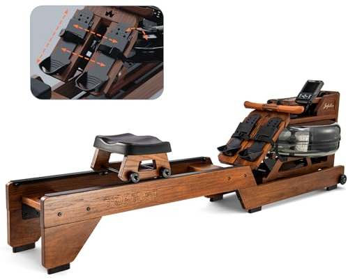 TOPIOM Rudergerät für Zuhause, Wasser Rudergerät aus Massivholz mit Bluetooth Display, TM3-Fernmonitor und Bluetooth-Verbindung, Verstellbarem Fußpolster, Höherlegen Sitz, 226kg Belastbar