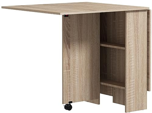 HOMCOM Tavolo da Pranzo Pieghevole, Tavolo Cucina a Ribalta per 6 Persone, Scrivania Richiudibile Salvaspazio con 2 Ripiani Aperti e Ruote a Freno, per Soggiorno, Ufficio, 140x75x74cm, Color Legno