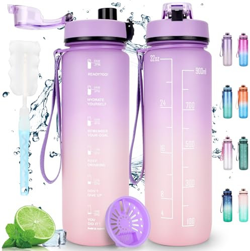 AOPREL Trinkflasche 1L - Sport Wasserflasche - Auslaufsicher Trinkflasche mit Filter Motivierende 1 Liter Trinkflasche für Familien Schulen Büros Bergsteigen Fahrrad Camping (Lila Rosa 01)