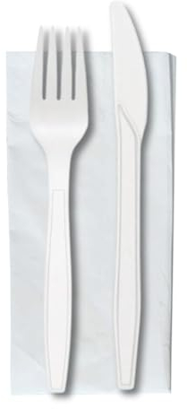 MAQA 100 set Posate Riutilizzabili in Plastica Bianca Coltelli e Forchette per Plastica Alimentare, Lavabili in Lavastoviglie. Ideali per Casa, Cucina, Buffet, (Coltelli 19cm, Forchette 18cm)