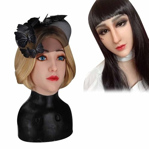 CRODRES Transgender Silicone Head Mask Realistic Female Fake Face Hand-Made Soft for Halloween Parties Cosplay Crossdresser,Color 3,Makeup with Hair