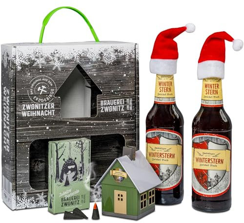 Brauerei Zwönitz Winterstern Bier Geschenkbox mit Winterstern Craft Beer 0,33L, Räucherkerzen und Räucherhäuschen Metall/Geschenkset Weihnachten/Geschenkset für Männer Weihnachten