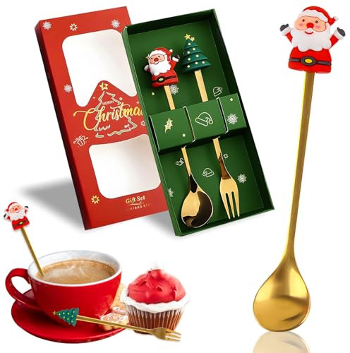 Cuchara Navideña, Darryy Cubiertos Navidad, Juego de Cubiertos Navidad, Decoracion Mesa Hogar (2, Oro)