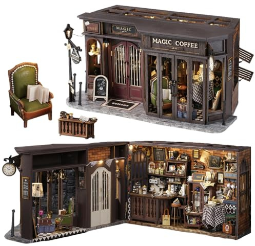 TOPBSFARNY Tiny House Kit mit Staubschutz 3D Holz Puppenhaus Miniatur Kit für Erwachsene, DIY Holz Handwerk Mini Modell Vintage Magic Coffee Shop Kits Geburtstag Home Decor