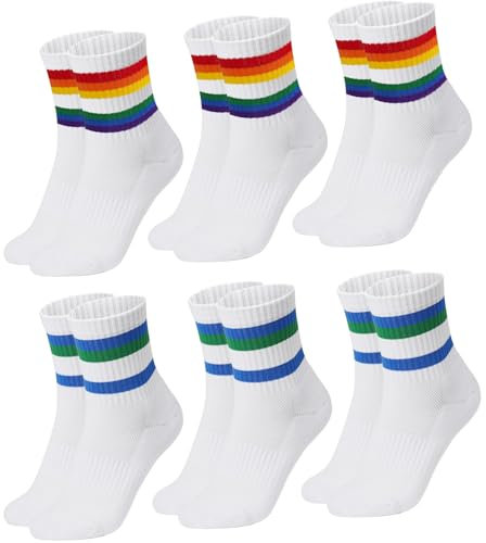 Vicloon 6 Paar Tennissocken, Sportsocken Herren Damen, Atmungsaktive Baumwolle Sport Socken, Streifen Socken, 34-39, Regenbogenstreifen