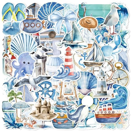 50 Pcs Ocean Journey Stickers for Girls Boys Children Teens, Sea World Stickers for Laptop Water Bottles,Bicycle,Skateboard,Computer,Waterproof Vinyl for Wall,Graffiti Stickers