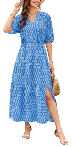 Toplop Sommerkleid Damen Elegantes Maxikleid Casual A-Linie Kleider mit Puffärmeln, V-Ausschnitt, Knopfdesign, elastischer Taille, Schlitzen und Taschen Blau S