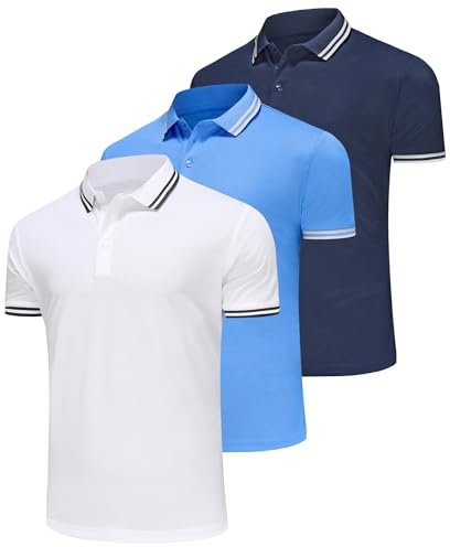 Zoofly Polo Shirts Men's Short Sleeve Summer Casual Pique Polo Shirt Breathable Tennis Golf Polo Shirt Men, Navy Sky Blue White, L