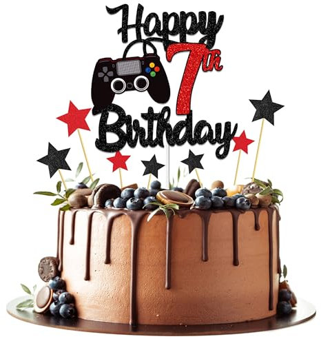 Joyeah Happy 7th Birthday Cake Topper Glitter Video Game Cake Pick Game On Cheers to 7 Years Cake Decoration for Game Theme Happy 7th Birthday Party Supplies Red
