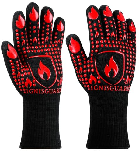 IGNISGUARD® BBQ & Grillhandschuhe, hitzebeständige Ofenhandschuhe, Rot (L) | EN 407:2020 Geprüfte Ofenhandschuhe mit Fingern und rutschfestem Silikongriff zum Grillen, Backen, Räuchern und Kochen mit