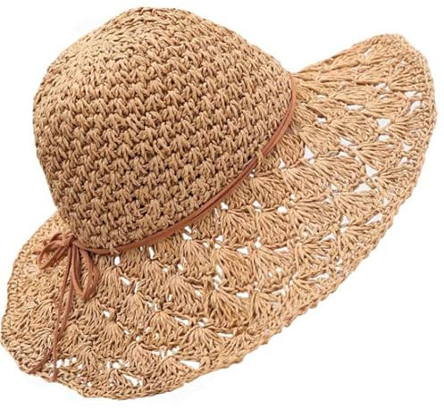 JJiaoLinin Chapeau de Soleil, Chapeau de Paille Femmes, Chapeau Bohême Été, Protection UV, Pliable, Large Bord, Taille Réglable, Couleur du Café