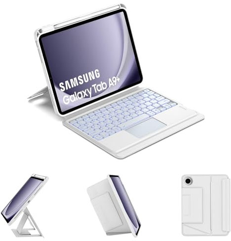 FOGARI Comb Touch Samsung Galaxy Tab A9 Plus 2023 11 inch Keyboard Case, Detachable Magnetic Backlit Trackpad Keyboard -UK English Layout - 3 Devices Bluetooth Channels,Samsung Book cover, White