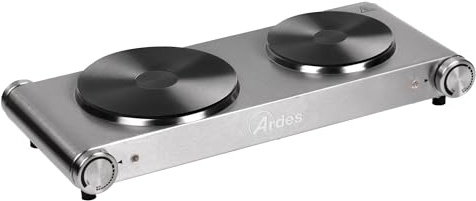ARDES HOBINOX DUO ARFOEL02 – Elektrischer Doppelkocher 2500W aus Edelstahl, Gusseisenplatten Ø18,8 und 15,5 cm, unabhängige Thermostate und rutschfeste Füße