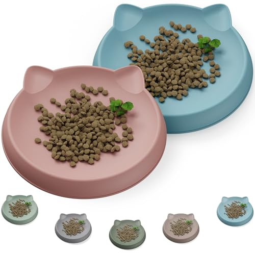 Wingcases Cat Bowls for Indoor GENTLE Small Kitten (2pcs, Coral&Blue, Soft Silicone) Shallow Wide Plates Feeder Whisker Fatigue Relief Cute Pet Kitty Food Water Dishes Set Anti Slip, Dishwasher Safe