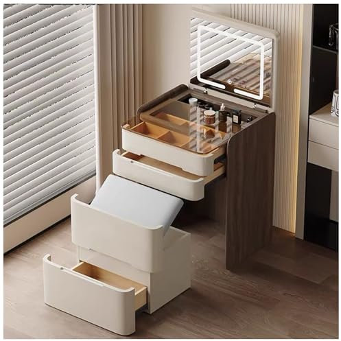 ZTGL Tocador con Espejo Abatible y LED, Mesa de Maquillaje con Tapa de Cristal Visible, Escritorio de Tocador con 3 Cajones, Juego de Tocador con Taburete de Almacenaje,B