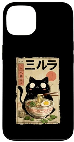 Lustige schwarze Katze, die Ramen isst, japanische Vintage-Kunst, Geschenk Hülle für iPhone 13