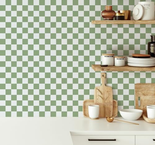 Yomshi Klebefolie Möbel Grün Boho Karierte Wandtapete 44 x 1000 cm Geometrische Tapete Möbelfolie Selbstklebend für Küchenschränke Schlafzimmer Wohnzimmer Struktur Verdickte Leicht zu Reinigen