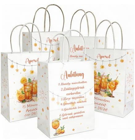 10 Stück Geschenktüten Aperol Motiv Papiertaschen mit Henkel | Zum Befüllen mit 15 Minuten Auszeit Spruch, kleine Geschenke, Mitbringsel, Geburtstag & Party