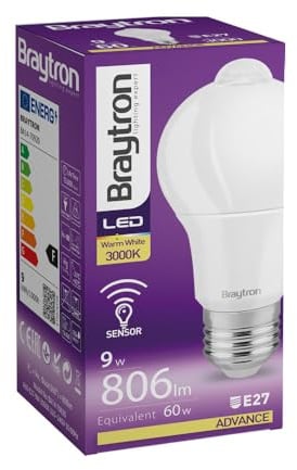 Braytron E27 LED Lampe mit PIR Bewegungsmelder, 9W ersetzt 60W, LED Birne mit Bewegungssensor und Lichtsensor, 806lm, Warmweiß 3000K, nicht dimmbar (Warmweiß 3.000K)