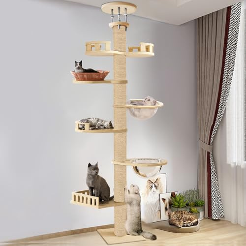 Floor to Ceiling Cat Tree, Height Adjustable Cat Tower up to 120in, 7 Tier Cat Climbing Tower with Hemp Scratching Posts Tall Cat Activity Tree, Indoor Outdoor Cat Furniture for Large Cats (A)