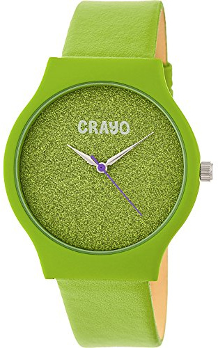 Crayo Ladies Green Glitter Faux Leather Strap Watch (Green) Quartz Movement