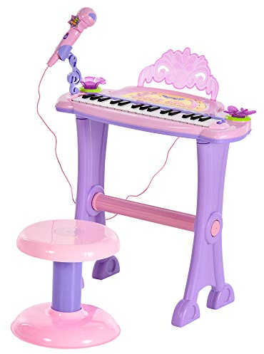 HOMCOM Teclado Electrónico Infantil 32 Teclas Juguete Musical con Micrófono Taburete Luces Variedad Sonidos Rítmos Melodias MP3 Karaoke Modo de Enseñanza Rosa