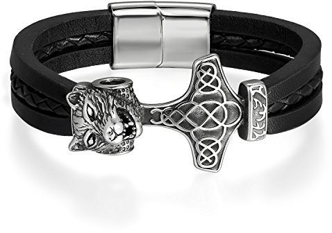 Flongo Herren Männer Leder-Armband, Edelstahl Leder Armband Armreif Lederarmband Manschette Silber Schwarz Wolfkopf Thors Hammer Motorradfahrer Biker Gotik Herrenarmband Herren-Accessoires