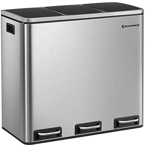 SONGMICS Mülleimer Küche, 3 x 18 L, Mülltrennsystem 3 Fächer, inklusive 15 Müllbeutel, Abfalleimer, Treteimer, für recycelbare Abfälle, Biomüll, mit Deckel, metallicsilber-tintenschwarz LTB54NL