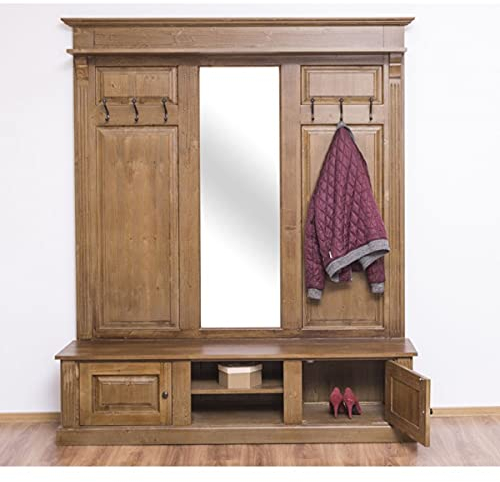 Casa Padrino Landhausstil Garderobe holzfarben 180 x 41 x H. 210 cm - Massivholz Garderobenschrank mit Spiegel - Landhausstil Garderobenmöbel