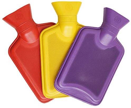 Pack of 3 Mini Hot Water Bottles - Natural Rubber 1 Litre Capacity - 3 Colours in Pack (Red, Yellow and Purple)