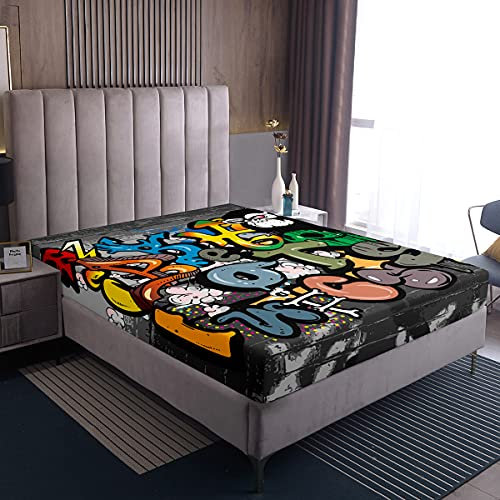 Loussiesd Hiphop Graffiti Stil Spannbetttuch 160x200cm Modern Straßenkultur Spannbettlaken Hip Hop Bettlaken Cool Jungen Mädchen Kinder Weiche Mikrofaser Spannbetttuch Bunt