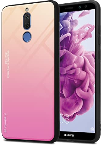 Cadorabo Estuche Compatible con Huawei Mate 10 Lite en Amarillo - Rosa - Funda Protectora Bicolor Fabricada en Silicona TPU y Parte Trasera de Cristal Templado