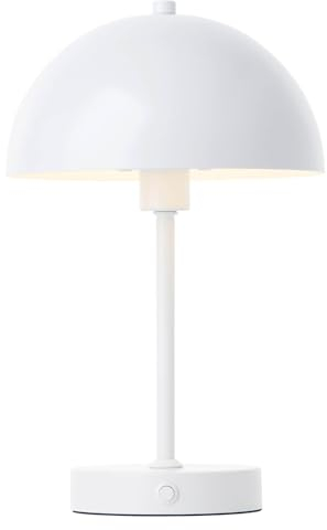 mokebo® LED Tischlampe kabellos, Akku Tischleuchte dimmbar & aufladbar mit USB-C 'Der Leuchtturm', Vintage Flowerpot Lampe, Pilz Lampe & Nachttischlampe weiß Metall mit Batterie, warmweißes Licht