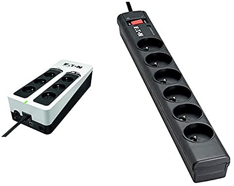 Onduleur Eaton 3S 550 FR - Off-Line UPS - 3S550F - 550VA (6 Prises FR) Noir/Blanc & Multiprise/Parafoudre - Eaton Protection Strip 6 FR - PS6F - 6 Prises FR - Noir