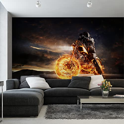 Wallepic Vlies Fototapete Flammen Brennen Motorrad Extreme Sport 254 x 184 Moderne Tapete XXL Rennen 3D Effekt Wohnzimmer Schlafzimmer Büro Flur Mehrfarbig Abstrakt Br.254xHö.184